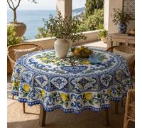 Nappe de table citron méditerranéen, motif de carreaux bleus, arbre d'agrumes, bordure florale en volute et imprimé de citron jaune, décoration de cuisine de style côtier frais, convient pour le brunc