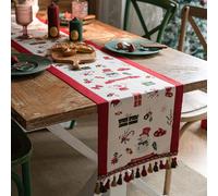 Nappe décorative 35x160 cm, en polyester, rouge et blanche, avec des motifs de Noël et des franges