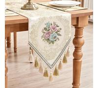 Nappe décorative à franges, 33 x 274 cm, en jacquard, motif floral, double épaisseur