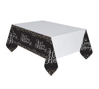 Nappe en Plastique - Happy Birthday - Argent / Noir - 137 x 259 cm - Lavable