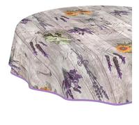 Nappe en Toile cirée Lavable, Facile d'entretien et imperméable, Effet Lotus, Motif Provence, Ronde, 140 cm, avec Ourlet, bordée