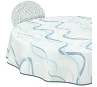 Nappe en Toile cirée Lavable, Facile d'entretien et imperméable, Effet Lotus, pour l'extérieur, Nappe de Jardin, Motif Vagues, Bleue, Ronde, 120 cm, avec Ourlet (bordée)