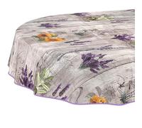 Nappe en Toile cirée - Lavable, Facile d'entretien et imperméable - Effet Lotus - Provence - Ovale - 160 x 140 cm - avec Ourlet (bordée)