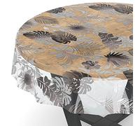 Nappe en toile cirée transparente - Film de protection de table - Motif imprimé - 0,15 mm d’épaisseur - Feuilles argentées et grises - Rond - 140 cm - Bord coupé - Rond - Ovale - Rectangulaire