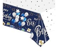 Nappe Jetable « Happy Birthday » Bleu pour Filles Garçon, 137 x 274cm Nappe de Table Rectangulaire Plastique Réutilisable, Nappes de Fête Imperméable, pour Fête d'anniversaire de Bébé Homme et Femme