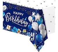Nappe jetable « Happy Birthday » de 137 x 274 cm, couvre-table pour fête d'anniversaire de filles et garçons, nappe de table de salle à manger rectangulaire bleue en plastique pour fête d'anniversaire
