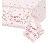 Nappe Jetable « Happy Birthday » Rose pour Filles et Elle, 137 x 274cm Nappe de Table Rectangulaire Plastique Réutilisable, Nappes de Fête Imperméable, pour Fête d'anniversaire de Bébé Fille et Femme