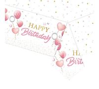 Nappe Jetable « Happy Birthday » Rose pour Filles et Elle, 137 x 274cm Nappe de Table Rectangulaire Plastique Réutilisable, Nappes de Fête Imperméable, pour Fête d'anniversaire de Bébé Fille et Femme