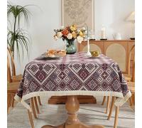 Nappe rectangulaire 140 x 220 cm en lin infroissable avec pompons texturés pour extérieur, pique-niques, fêtes dans le jardin, cafés et salle à manger intérieure.