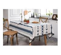 Nappe Rectangulaire 140x180cm Imperméable Bohémien Beige Anti-Tache Nappe de Table Lavable en Coton et Lin avec Franges Géométrique