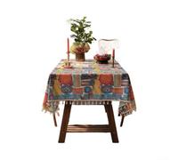 Nappe rectangulaire bohème 140 x 220 cm avec ourlet à pompons imprimé ethnique pour décoration de salle à manger (géométrie)