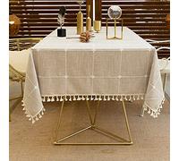 Nappe rectangulaire en coton et lin avec pompons - 140 x 230 cm - infroissable - Pour cuisine, salle à manger, décoration d'intérieur élégante