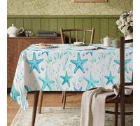 Nappe rectangulaire en polyester motif étoiles de mer, bulles de plage côtières, algues, turquoise, réutilisable, lavable, pour la cuisine, la salle à manger, 152,4 x 218,4 cm