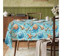 Nappe rectangulaire en tissu turquoise avec étoiles de mer, coquillages nautiques côtiers, perles d'été, lavable et réutilisable, pour cuisine, banquet, pique-nique, camping, 140 x 218 cm