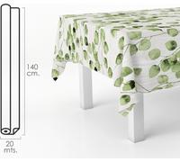 Nappe rectangulaire en toile cirée avec des feuilles vertes. PVC imperméable et anti-salissures 140 cm. x 20 mètres. Rouleau découpable. Intérieur et extérieur