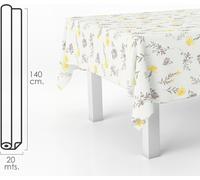 Nappe rectangulaire en toile cirée avec des fleurs jaunes. PVC imperméable et anti-salissures 140 cm. x 20 mètres. Rouleau découpable. Intérieur et extérieur