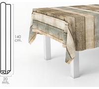 Nappe rectangulaire en toile cirée avec planches en bois. PVC imperméable et anti-salissures 140 cm. x 20 mètres. Rouleau découpable. Intérieur et extérieur