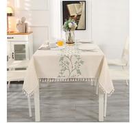 Nappe rectangulaire - Haute Qualité - Beige - 140 x 180 cm - Broderie Feuilles Vertes - Lavable en Machine