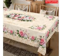 Nappe rectangulaire/ovale/ronde à imprimé rose vintage, bordure en dentelle florale, en polyester, 1 pièce, décoration intérieure, décoration de mariage, nappe 210*150 cm,140*90 cm,180*140cm,300 x 150