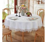 Nappe ronde 100% polyester avec bordure en dentelle florale ajourée, nappe de table circulaire en tissu jacquard élégant, nappe de table décorative anti-poussière pour table à manger, mariage, fête, d