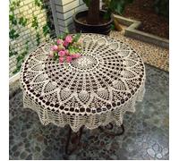 Nappe ronde beige en coton crocheté à la main, style vintage, tissée, avec dentelle.