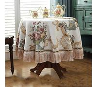 Nappe ronde en chenille avec dentelle à franges - Lavable - Vintage - Pour cuisine et salle à manger - Kaki - 200 cm de diamètre