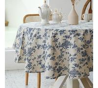 Nappe ronde rustique en tissu de lin lavable avec anti-poussière et infroissable pour restaurant, pique-nique, salle à manger intérieure et extérieure, 152,4 cm de diamètre, motif floral (bleu foncé)