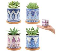 Nasxkji Pot pour plantes succulentes avec plateau en bambou 4 PCS Petits pots de 7,3 cm pour plantes de cactus à motif mandala pour décoration intérieure Mini plantes et semis