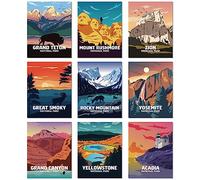 Nationalpark-Poster - 9 Pcs Unframed Impressions de voyage esthétiques / Vintage National Park Posters Nature Art mural et art mural montagne, Art cadeau pour les voyageurs Art mural (30cm x 40xm)