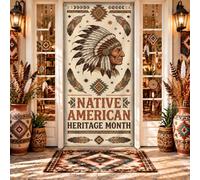 Native America Heritage Cultural Chief Portrait Couvre porte 91,4 x 182,9 | Coiffe tribal, toile de fond de porte d'entrée, motifs géométriques, accents de plumes, thème du patrimoine culturel