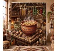 Native America Heritage Month Rideau de douche en argile 182,9 x 213,4 cm | Scène de cuisine rustique, pot en argile vapeur, paniers tissés, herbes séchées suspendues, table en bois vintage