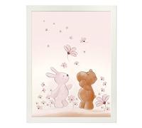 Nattou Poster avec Cadre, Lapin et Hippopotame, Environ 40 x 30 cm, Susie et Bonnie, Blanc/Rose/Marron
