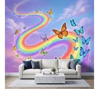 Nature Onirique Papier Peint Panoramique 300L x 210H cm, Conte de Fées Romantique Papillon Arc en Ciel Affiche Fresque Murale, Violet Onirique Papier Peint 3D Mural pour Salon Chambre d'enfants
