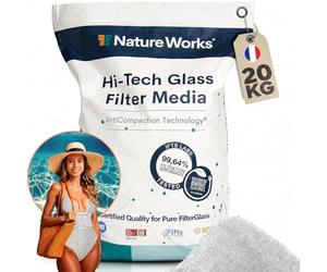 NATURE WORKS Hi-Tech Verre filtrant 20 kg à Sable de Piscine, Verre filtrant Naturel, Blanc Cristal, Billes de Verre comme Alternative écologique au Sable filtrant, Ø granulométrie 0,8 mm