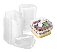NatureMan Lot de 50 tasses à dessert carrées en plastique transparent de 355 ml avec couvercles et cuillères avec autocollant en carton pour pudding, parfait, fruits, yaourt et shortcake