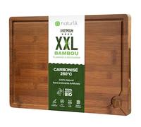 naturlik Planche à Découper XXL Bambou Carbonisé 45x30cm - Grande Planche en Bois avec Rigole à Jus & Poignées - Billot Cuisine Durable Viande Légumes Fromage Pain - Pré-huilée
