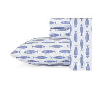 Nautica - Draps pour lit Simple, Ensemble de literie en Percale de Coton, décoration d'intérieur côtière, Essentiels de Chambre de dortoir (Motif Poisson Bleu, lit Queen Size)