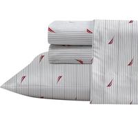Nautica - Ensemble de draps pour Grand lit, Ensemble de literie en Percale de Coton, Gracieuse et fraîche, légère et Respirante (Audley Stripe Rouge, Grand lit)