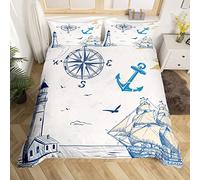 Nautical Parure de Lit 140x200cm Voilier Imprimé Housse de Couette Des gamins Men Sea Adventure Sets de Housse de Couette Compass Lighthouse Seagull Parure Housse de Couette Océan Thèmed 2 pièces