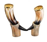 Nautical Replica Hub Lot de deux tasses en corne de style antique avec support style viking pour bière, vin, hydromel - Cadeau de mariage
