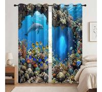 Nautique Animal Rideau Occultant Thermiques Récif De Corail Côtier & Dauphin Décoration Salon Rideaux Occultants De Fenêtre pour Salle De Bain, Fenêtre Décor 110L X 215H cm (2 Panneaux), Bleu