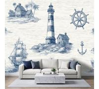 Nautique Vintage Papier Peint Panoramique 450L x 315H cm, Mur en Briques Barre de Navire Voilier Phare Fresque Murale Papier Peint - Blanc Cassé Poster Tableaux pour Chambre à Coucher Salle de Jeu