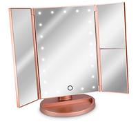 Navaris Miroir Lumineux LED 3 Faces à Poser - Miroir Maquillage Triptyque Pliable sur Pied avec Effet Grossissant x2 x3 - Pile ou USB - Rose doré