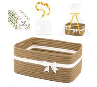 NAVESO Panier Cadeau Vide à Garnir, Panier de Rangement Tressé Coton avec Poignées, 34x25x15cm Panier de Présentation avec Sacs Cadeaux et Rubans pour Noël, Anniversaire, Mariage, Kaki