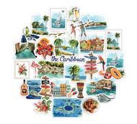 Navy Peony Stickers de voyage Caribbean Paradise (31 pièces) - Aquarelle, étanches, décalcomanies pour croisières tropicales pour journaux, albums de souvenirs, bouteille d'eau, valise
