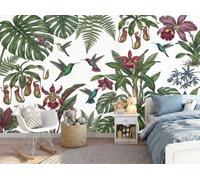 NAWVNMI Panoramique Murale 300 x 210cm Style Rétro Histoire Naturelle Papier Peint, Plante Carnivore Monstera Colibri Papiers Peints Poster Murale, Muraux Photo 3D Fond Effet, pour Salon Chambre