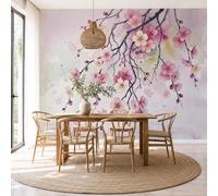 NAWVNMI Panoramique Murale 350 x 256cm Aquarelle Fleurs Papier Peint, Branche De Prunier En Fleurs Papiers Peints Poster Murale, Muraux Photo 3D Fond Effet, pour Salon Chambre