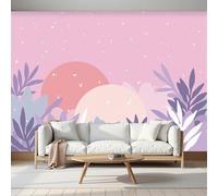 NAWVNMI Papier peint Illustration De Style Plat Feuilles Coucher De Soleil 350 x 256cm Mur XXL décoration Moderne Décoration Wallpaper Muraux Photo Salon Chambre Pâte De Haricots Rouges Rose Violet