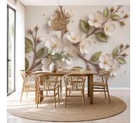 NAWVNMI Papier Peint Panoramique Branches Reliefs Fleuris Pour Chambre Salon - Fleurs Branches De Magnolia Papier Peint Tapisserie Poster Mural Prêt pour le montage (200 x 140cm - 4 lés)