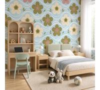NAWVNMI Papier Peint Panoramique Memphis Rétro 200 x 140cm Décoration murale moderne, Tapisserie décorative pour chambre salon Bureau, Rayures Florales Ondulées